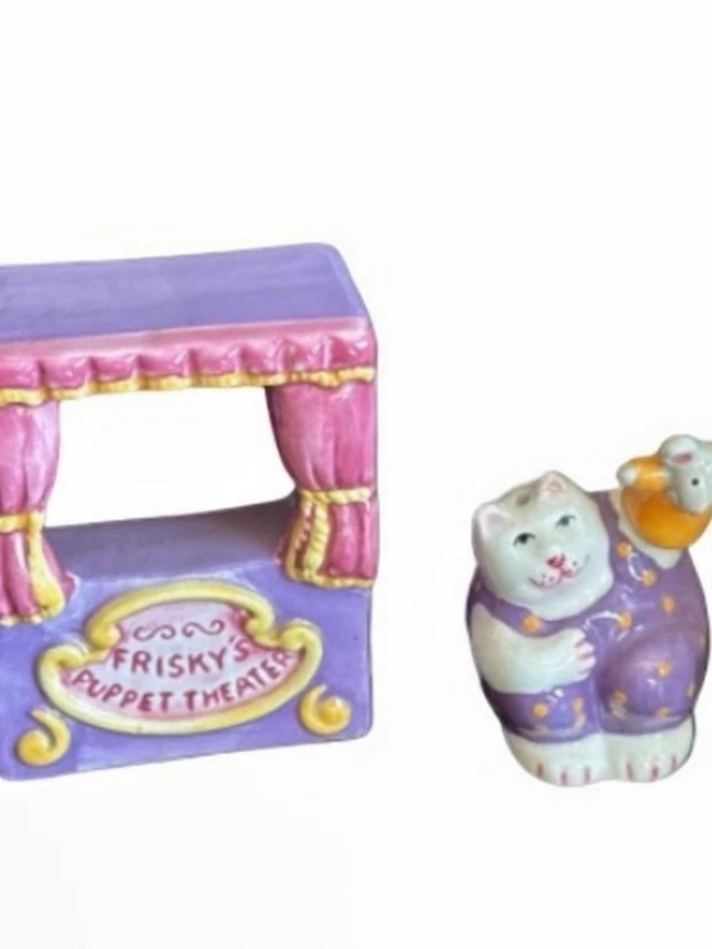 Vintage clay art Frisky's Puppet Theatre Ceramic salt & pepper Puppet Theater De